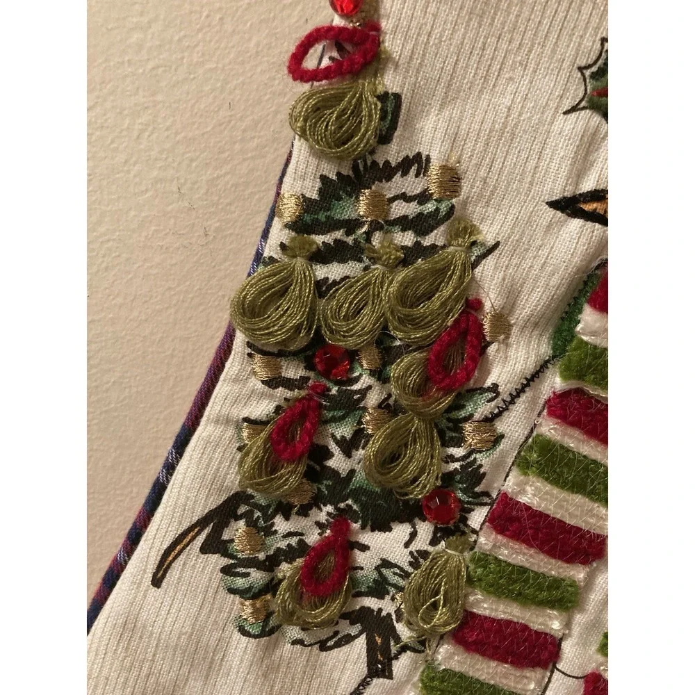 Pier 1 Snowman Stocking Appliqué Christmas Plaid Cuff 3D Embroidered Beaded‎